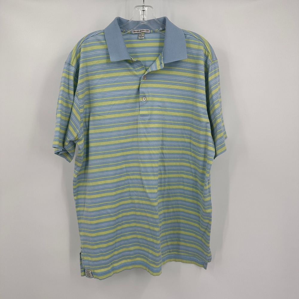 Peter Millar Mens Striped Golf Polo Shirt Size L Blue Green Striped Cotton